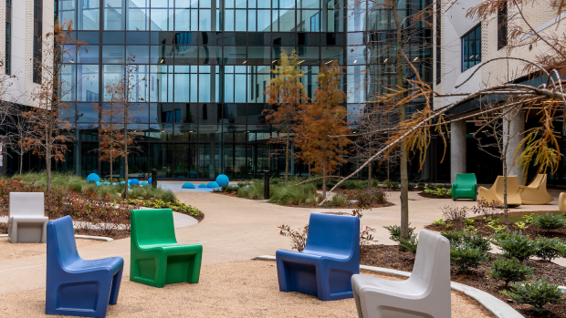 outdoor courtyard with landscaping and seating