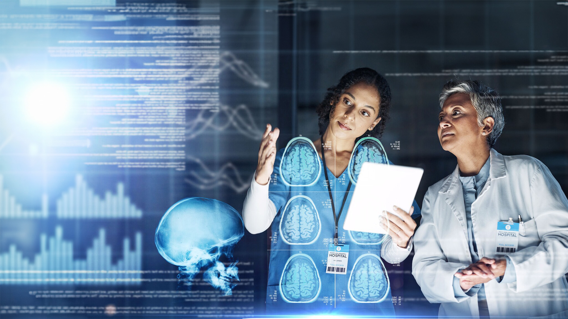 Two medical professionals analyzing brain scan images on a digital screen, with one holding a tablet and gesturing while discussing the data in a high-tech clinical setting.