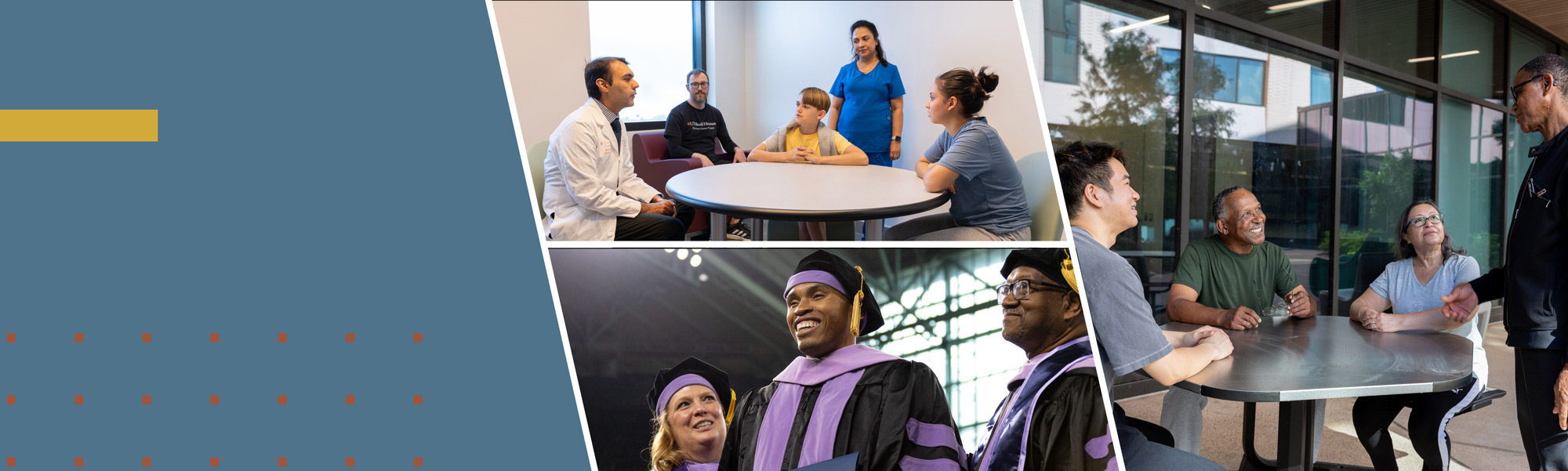 collage of students, graduates, and doctors with patients